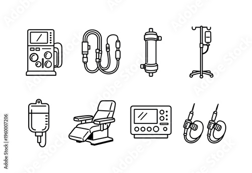 Dialysis treatment equipment: dialysis machine, blood tubing set, dialyzer filter, IV stand, saline bag, patient chair, control monitor, fistula needle