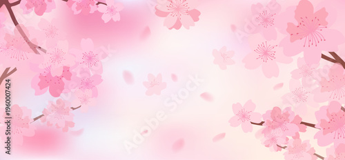 Pink cherry blossom flower branches, buds and leaves set, sakura illustration with petals, Japanese spring floral background for pattern and frame design.