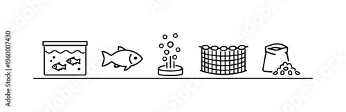 Aquaculture systems and fish farming process for controlled water environment management and efficient seafood production in modern fisheries, fish, water tank, oxygen bubbles, net