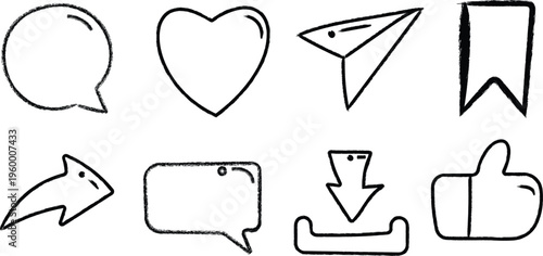 Doodle line Social media icon vector set include Thumbs up, repost, share, like Hand-drawn black line icon