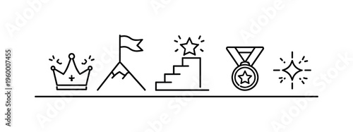 Achievement milestone and victory celebration highlighting progress, recognition, and positive outcomes after effort and dedication in a structured success journey, crown, flag