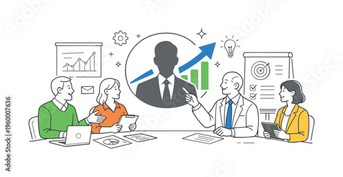 A group of executives reviewing team performance metrics and leadership development progress during a strategic planning session, symbolized by a central leader silhouette combined