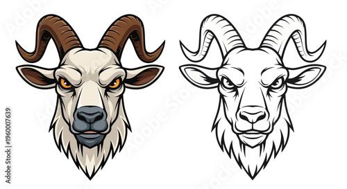 Illustration of goat heads with horns.