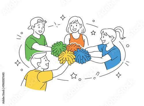 A positive group dynamic where participants engage in a cheerleading practice session to build morale and strengthen team spirit in a supportive setting, illustrated by a small