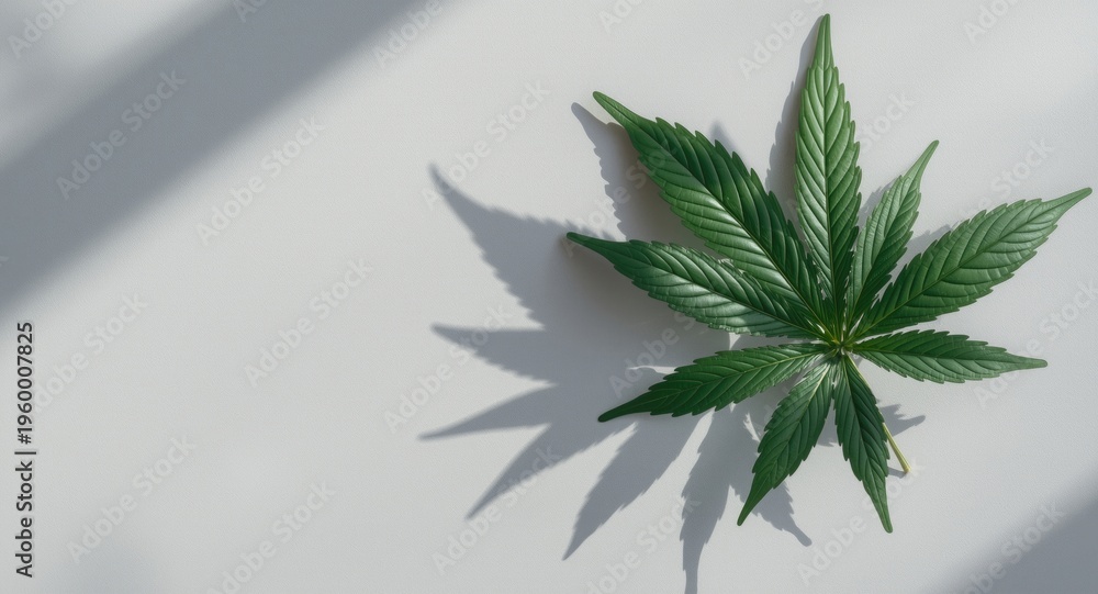 Fototapeta premium Health related cannabis plant extract casting shadow on neutral gray panel