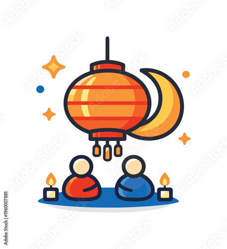 Lunar festival celebration concept focused on traditional lantern lighting and cultural gathering during an evening holiday event, a hanging round lantern combined with a small