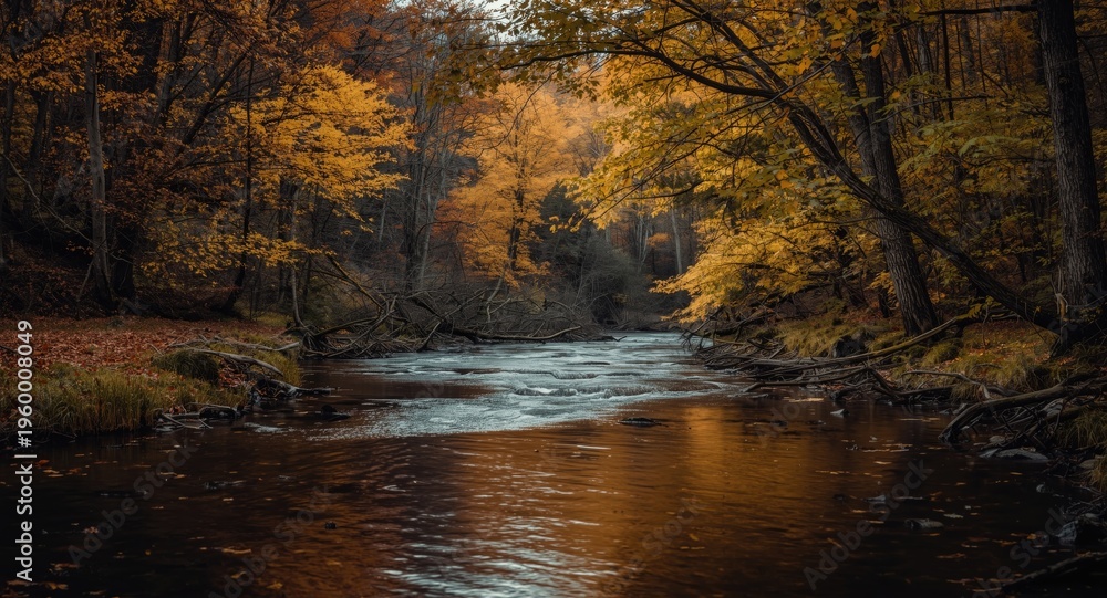 Obraz premium Rustic forest riverside glowing with autumn season hues