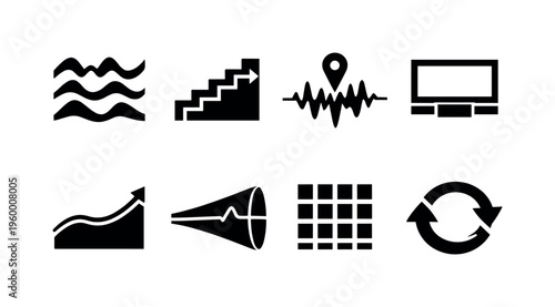 Time series forecasting engineering: seasonal decomposition wave layers, lag correlation bar steps, anomaly spike detection pin, rolling window frame slider, trend smoothing curve