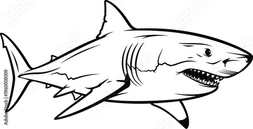 Black and white illustration of a shark with an open mouth showing sharp teeth
