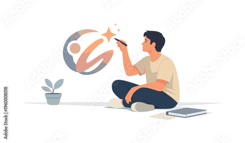 Artistic mindset and inspiration scenario showing a person channeling creativity into meaningful output within a calm and minimal environment, with a character engaging with a