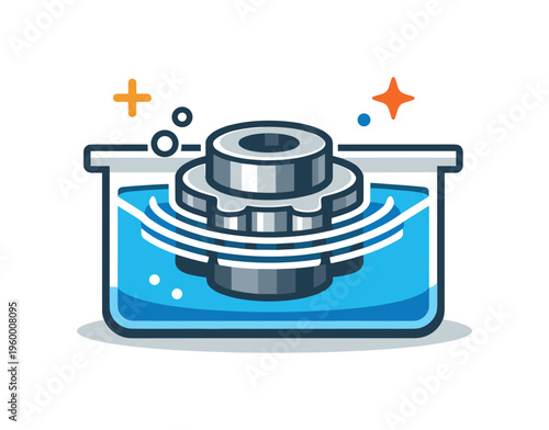 Electroless nickel plating deposition without external current in industrial surface coating processes, a small component submerged in a simple solution bath with uniform layer
