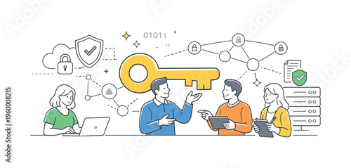 A cybersecurity infrastructure context where teams generate and manage cryptographic keys to secure communications and digital transactions within networks, represented by a small