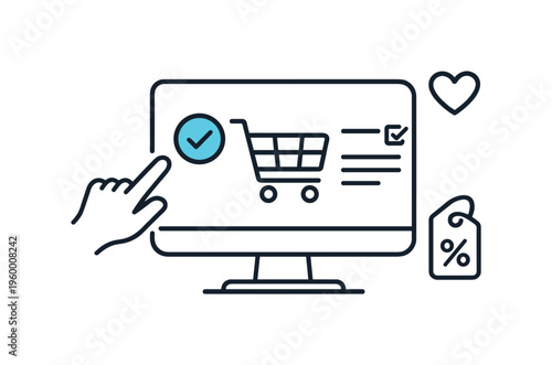 Modern online purchasing and selecting items through fast digital retail interactions in everyday consumer life, a clean computer monitor with a small shopping cart icon displayed