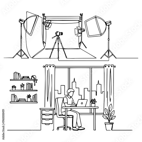 Stage Drama with Lights and Boy Working on Laptop Silhouette, Online Freelancing Performance Concept