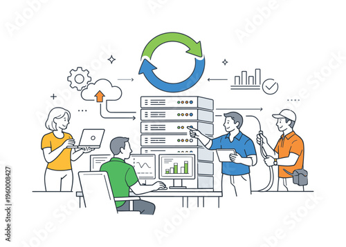 A modern IT operations context where teams coordinate resources and manage data flow within centralized data centers for optimal performance, represented by a small group engaging