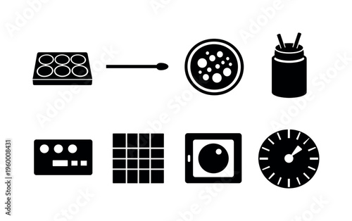 Reproductive medicine laboratory: IVF culture dish well plate, embryo transfer catheter tip, ovarian follicle scan circle, cryopreservation straw canister, hormone assay test card