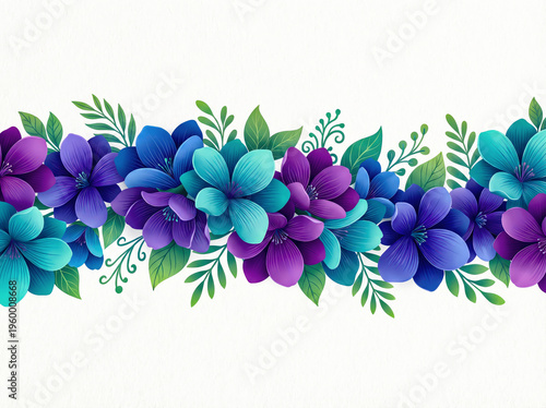 Horizontal floral border with blue and purple tropical flowers on white background.