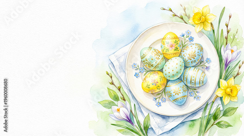 Watercolor painting of decorated Easter eggs on ceramic plate with spring flowers and copy space.