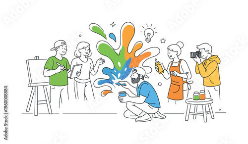 A creative art scenario where individuals experiment with color and expression through dynamic paint techniques in a studio environment, visualized through a small group