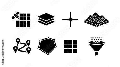 Geospatial analysis workflow: satellite grid tile, map layer stack sheets, coordinate axis crosshair, terrain elevation mesh, location pin cluster nodes, geofence boundary polygon
