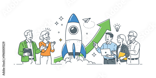 A product launch and market introduction scene showing a business team presenting a new solution to customers together around a large rocket and a simple upward arrow, using the