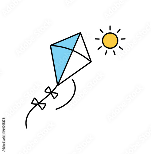 Light leisure enjoyment and spending calm refreshing moments during casual everyday free time, a minimal kite combined with a small sun icon symbolizing freedom, playfulness, and