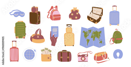Travel Essentials Set. Luggage Passport Map Camera