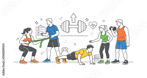 A fitness training scenario where individuals build strength and endurance through structured resistance exercises using equipment and body weight in a gym environment, visualized