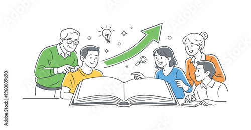 A workplace learning and mentorship culture scene showing experienced employees guiding junior team members and sharing expertise together around a large book and a simple guiding