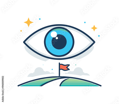 Vision and long term direction in strategic planning and goal achievement, a simple eye combined with a distant flag on a horizon line symbolizing foresight and clear future