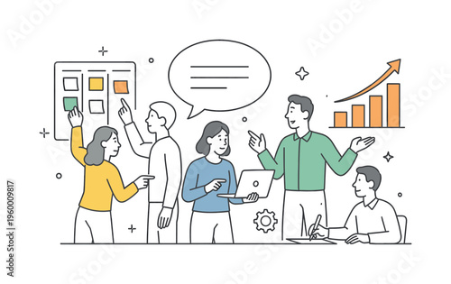 A corporate and productivity concept illustrating teamwork as coordinated effort toward common goals, showing a team planning and executing tasks around three key objects: a