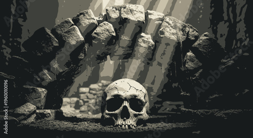 Ancient Ruins with Skull - Dark and Mysterious Cave Entrance