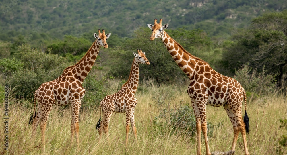 Fototapeta premium Cheerful giraffes exploring a natural wildlife grassland