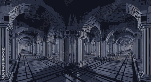 Ancient Stone Hallway with Arches and Columns, Dramatic Perspective