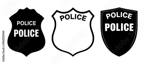Police badge silhouette set with single bold line art shape featuring emblem, icon, symbol with law enforcement and authority