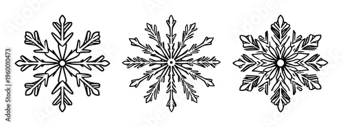 Snowflake crystal icon set with crisp geometric lines featuring cold, seasonal decorative with winter patterns and holiday motifs