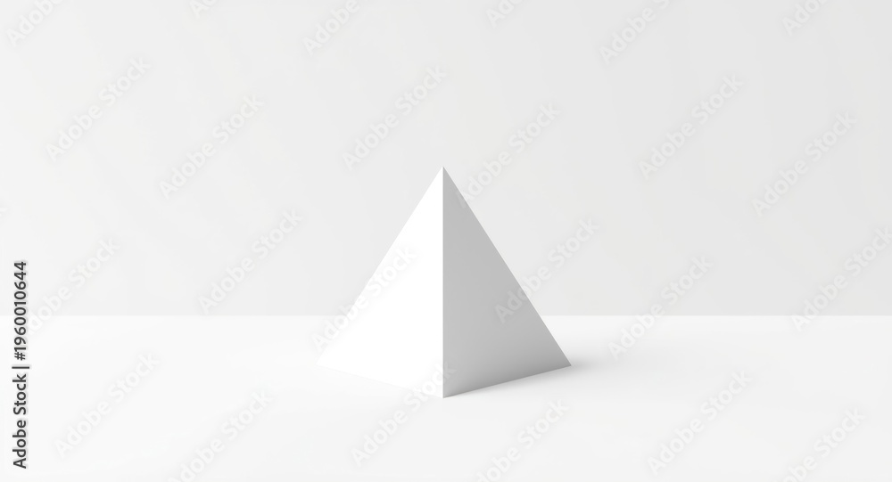 Fototapeta premium Minimalist geometry represented by a white triangular pyramid on an immaculate white surface