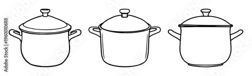 Pot and lid icon set with flat color outline design featuring kitchenware, cooking, cooking pot, illustration with icons and symbols