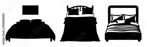 Bed set with pillows silhouette featuring dark outline, layered geometry, soft curves, warm shading and texture with minimalist and modern