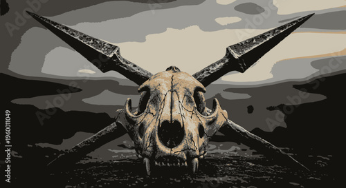 Animal Skull with Crossed Spears - Dramatic Still Life