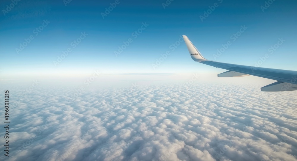 Obraz premium Peaceful airplane wing view flying high over soft white clouds