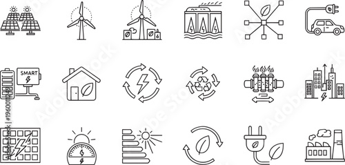 Renewable Energy and Sustainable Green Technology Line Icon Set