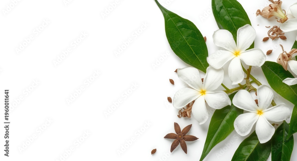 Fototapeta premium Floral and tea theme showing jasmine flowers alongside fresh green leaves on white backdrop