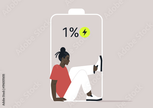 A character representing low energy status sits inside a large battery outline, They appear tired and overwhelmed, symbolizing the burnout and life's demands