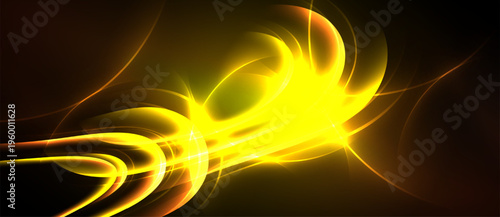 Bright yellow energy flows, curves radiate. Dark background emphasizes luminous abstract design. Dynamic composition creates visual impact.