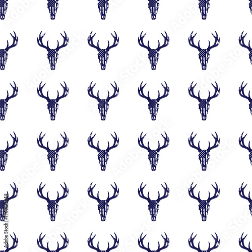  Repeating Navy Blue Deer Skull With Antlers American Flag Distressed Pattern