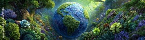 Eco-friendly decor: celebrate earth day with natural elements and space. Movie artwork. Enhanced earth day scene with a detailed globe and lush greenery. Scifi poster. Advertising photo.