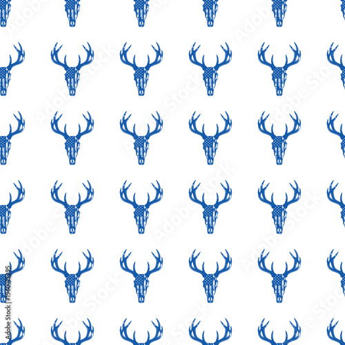 Repeating Bright Blue Deer Skull With Antlers American Flag Distressed Pattern
