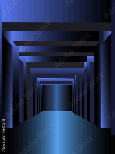 An illustration of a tunnel with niches on the sides and a mystical blue light illuminating the columns and ceiling, which breaks through at various points, creating abstract shadows. 