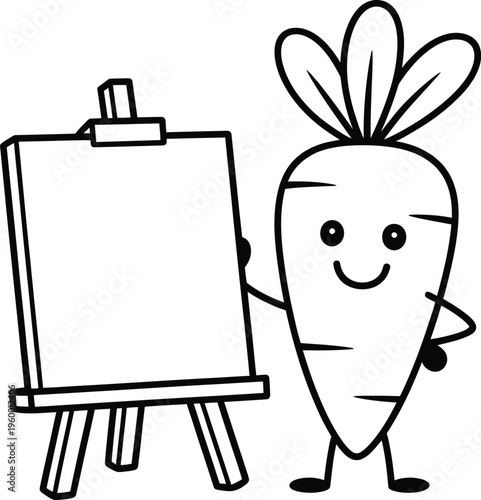 Cute cartoon carrot character standing by an easel